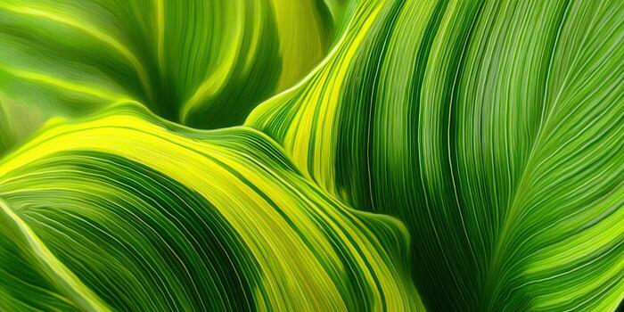 Striking close-up captures the vibrant details of green and yellow leaves, showcasing their intricate patterns. photo