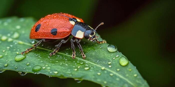 A charming ladybug rests on a vibrant green leaf covered in refreshing water droplets. photo