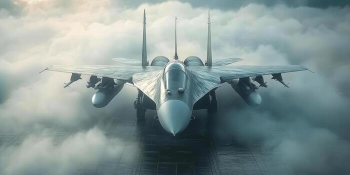 Dramatic view of a military jet on a runway, ready for action amidst clouds. photo