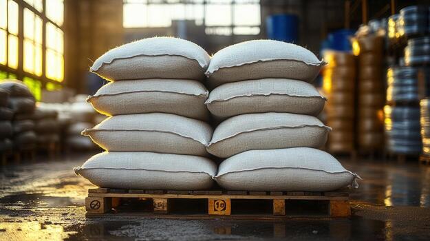 Stacked sacks of grain on a pallet inside a warehouse, ready for shipping or storage. photo