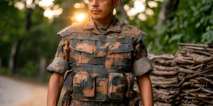 A determined soldier stands confidently, illuminated by the warm glow of sunset. photo