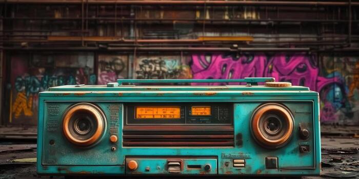 This image features a vintage boombox in an urban setting, with graffiti art adding character. photo
