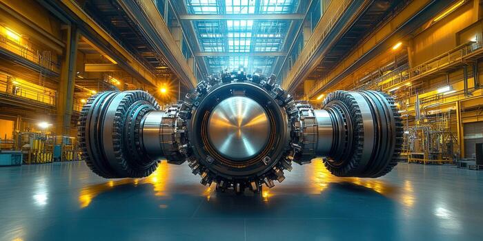 Detailed view of a large industrial turbine component in a modern factory setting. photo