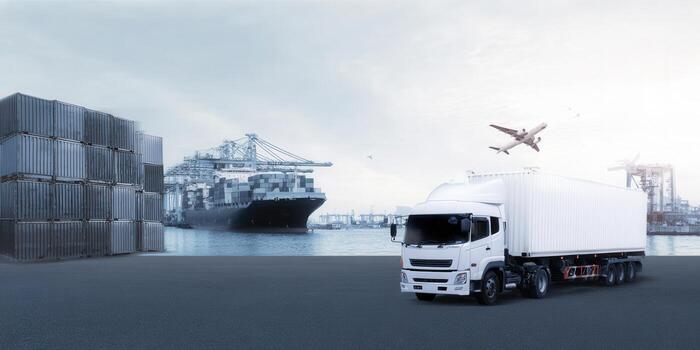 An expansive view of a cargo ship, containers, truck, and airplane, representing global logistics. photo