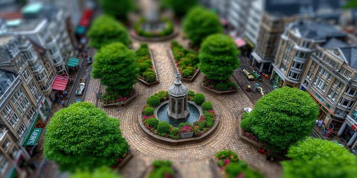 The top-down view presents a lovely miniature city with a charming fountain surrounded by green trees. photo