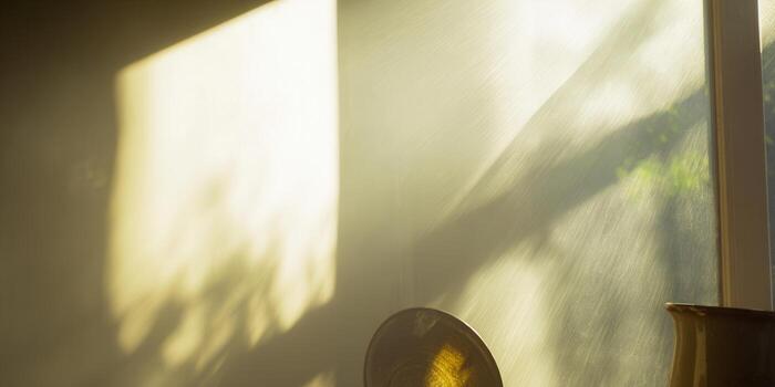 Warm sunlight fills the interior space, creating intriguing shadows and a cozy ambiance. photo