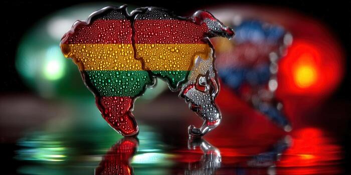 Germany morphing into Bolivia A striking conceptual image of a flag-colored map, wet with droplets. photo
