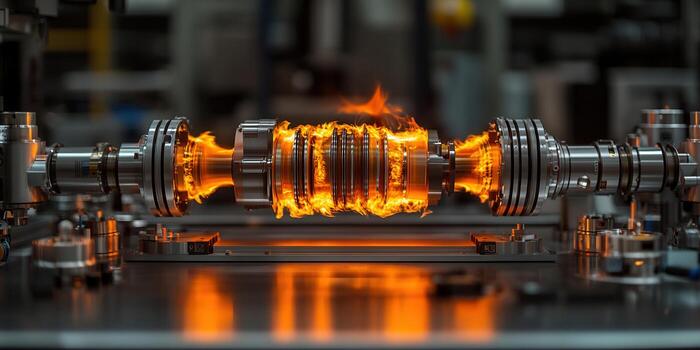 Intense flames engulf a mechanical device, showcasing industrial engineering and heat. photo