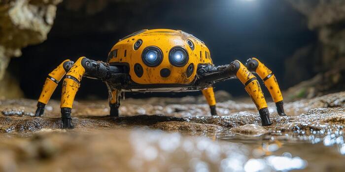 A yellow robot spider with glowing eyes explores a cave environment, a sci-fi concept. photo