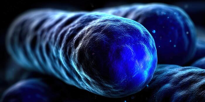 Detailed microscopic image of bacteria cells, showcasing blue and dark textures. photo