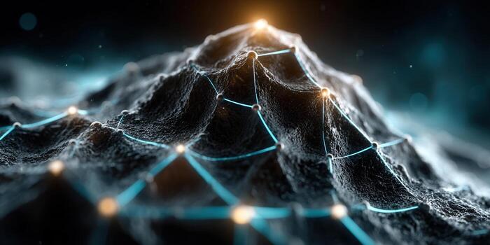 Abstract mountain range with glowing connections, representing a digital network. photo