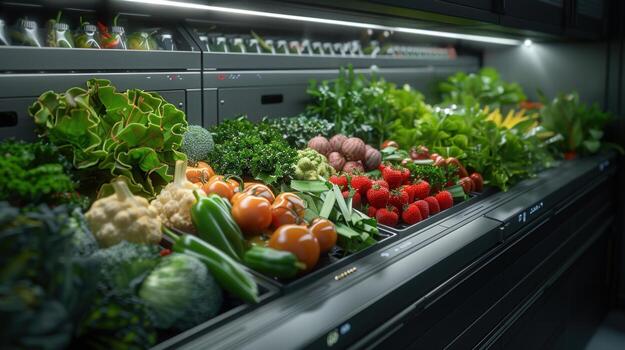 A modern, well-lit display showcasing a selection of fresh fruits and vegetables. photo