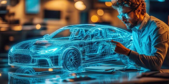 A man points at a futuristic digital car model, representing technology and innovation. photo