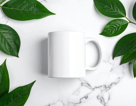 White mug mockup on white marble background photo