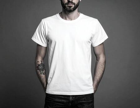 Close-up of a man in a plain white t-shirt photo