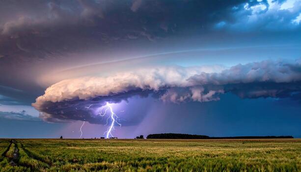 Dramatic storm clouds over a field. Lightning crackles across a massive, cumulonimbus cloud, casting dramatic light on a flat, grassy plain photo