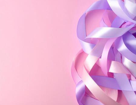 Pastel ribbons in a soft pink background. Several ribbons of varying shades of pink and lavender, gently coiled and layered, form an abstract design against a plain, light pink backdrop photo