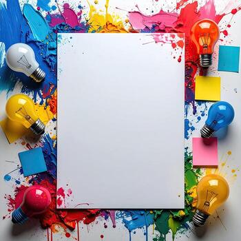 vistoso creativo concepto con blanco papel, rodeado por pintar salpicaduras y bombillas foto
