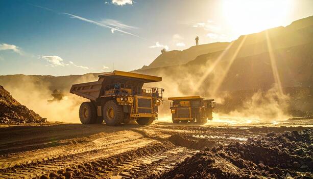 Two large mining trucks, yellow and tan, traverse a dusty, sunlit open-pit mine landscape photo