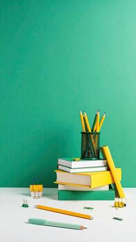 Stacked books, pencils, and supplies against a teal background photo