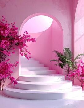 Pink archway with white steps and bougainvillea photo