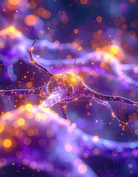 Nerve cell, vibrant, glowing, intricate network. Abstract representation of neural pathways photo