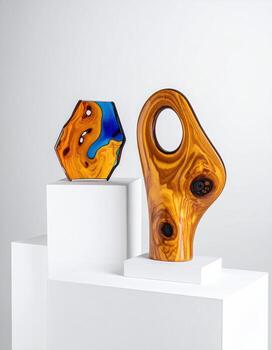 Two abstract wooden sculptures, one hexagonal, the other a flowing form, stand on white pedestals against a plain white background. The pieces feature a warm honey-toned wood grain, with vibrant blue and amber colors within the hexagonal piece photo