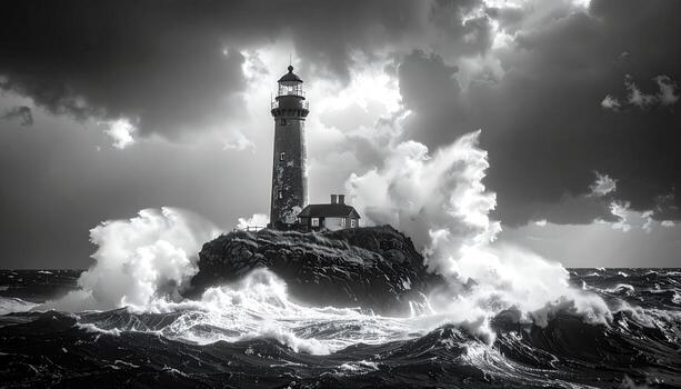 Dramatic black and white lighthouse image. Powerful waves crash against a small rocky island, with a lighthouse prominently positioned on top photo