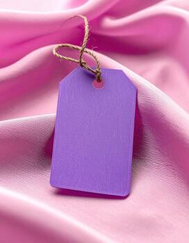 A muted purple price tag, tied with a light brown string, rests on a swathe of soft pink satin photo