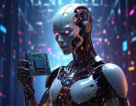 A futuristic robot holds a circuit board. It's a detailed, 3D rendering, with glowing neon lighting and exposed inner mechanisms. The robot is female, with a serious expression photo