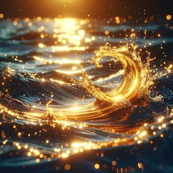 Golden liquid splash in water. A shimmering golden wave bursts from the surface of dark water, illuminated by a golden light source. Abstract and dynamic photo