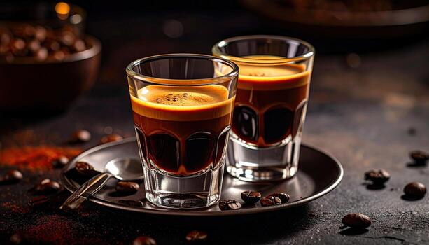 Two espresso shots in small glasses, dark background photo
