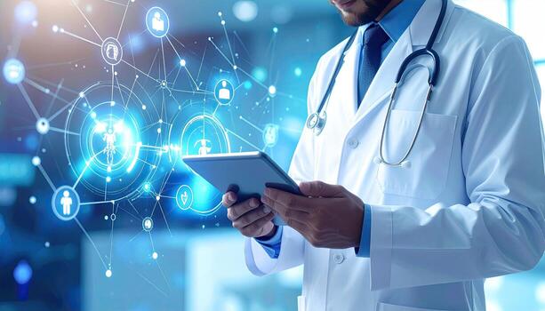 Doctor using tablet with health data overlay photo