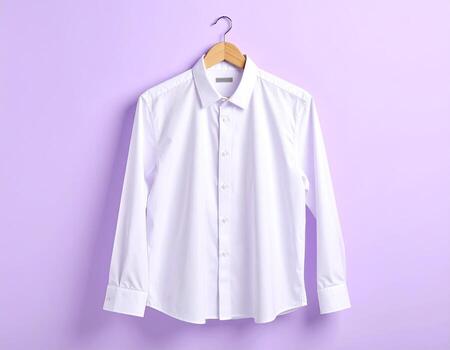 A pristine white button-down shirt hangs on a wooden hanger against a muted purple background photo