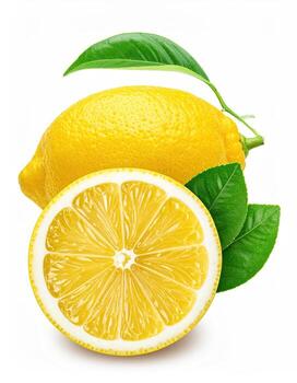 Fresh lemon fruit, whole and sliced, with leaves photo