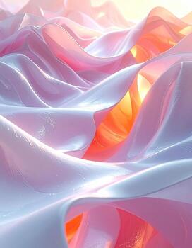 Abstract, flowing, soft, light, drapery. Pastel, light pink, white, and orange, fabric, rippled, curves, organic, surfaces, soft focus, illuminated, shiny, digital, 3D render, texture, flowing shapes, undulating photo