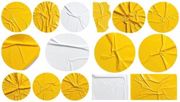 Crumpled adhesive stickers, yellow and white. Circular and rectangular shapes, isolated on a white background, showing texture and wrinkles photo
