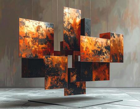 Abstract metal cubes, suspended in space. A composition of various sized, rectangular metal forms, with a warm, rusted orange and dark brown color palette. They hang suspended in a minimalist, neutral-toned environment photo