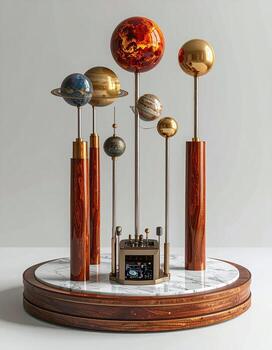 Ornate solar system model on a marble base. Wooden pillars support planets, detailed spheres with colorful patterns. A small, intricate mechanism sits in the center photo