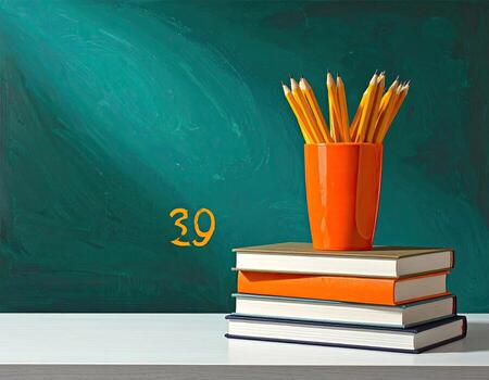 Classroom still life with pencils and books photo