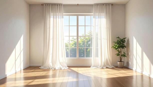Bright, empty room with large window, light curtains, and hardwood floor. Sunlight streams in photo