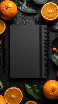 Black notebook surrounded by oranges, leaves, and spices on a dark background photo