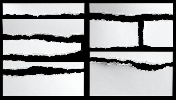 Nine pieces of ripped white paper, arranged in a grid against a black background. Each piece has uneven, jagged edges where it was torn. Uniform lighting highlights the paper's texture photo