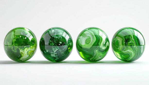 Four glossy, emerald-green spheres, subtly marbled with lighter and darker shades of green and white, sit in a horizontal row on a plain white surface. The spheres exhibit a reflective surface photo