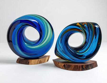 dos arremolinándose, resumen vaso esculturas, un vibrante azul verdoso color esquema con arremolinándose patrones, conjunto en de madera bases foto