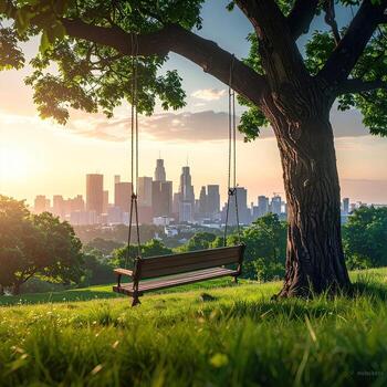 Empty swing hangs from tree overlooking city at sunset photo