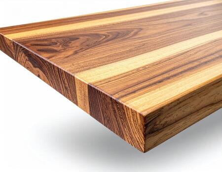 Close-up of a wooden countertop edge. A light and dark wood grain runs in parallel vertical lines across the surface. The wood is smooth and appears polished. The countertop is angled, showing the edge photo