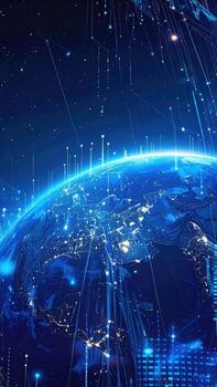 A digital representation of Earth, enveloped in a network of glowing lines and data streams photo