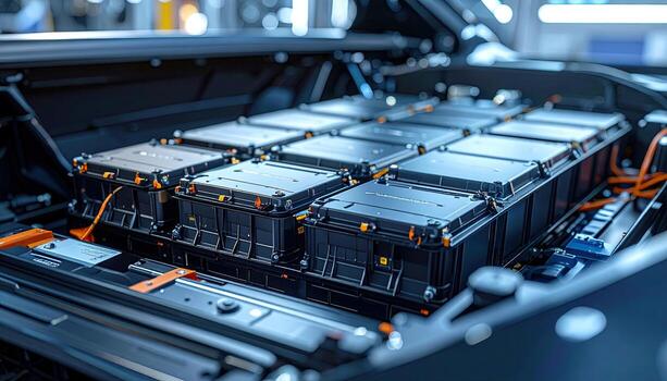 Close-up of EV battery pack. Modern, high-tech components in a vehicle's undercarriage. Square battery modules arranged neatly. Dark chassis, detailed wiring. Industrial setting, focused on the intricate system photo