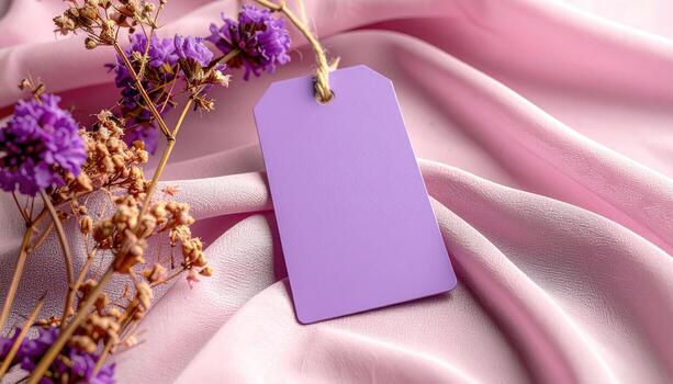 Purple tag on pink fabric, with flowers photo